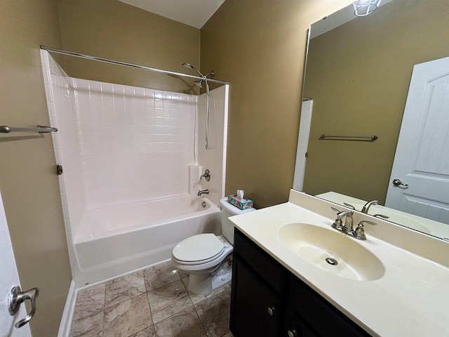 bathroom with toilet, vanity, and bathing tub / shower combination