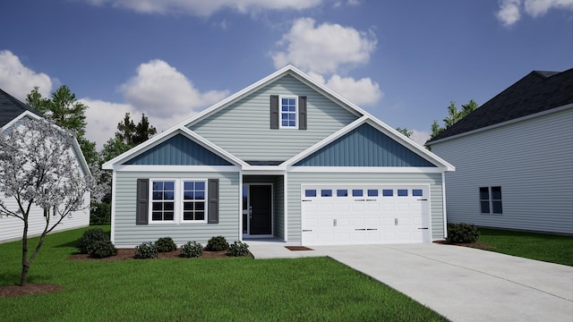 view of front of house featuring board and batten siding, concrete driveway, and a front yard