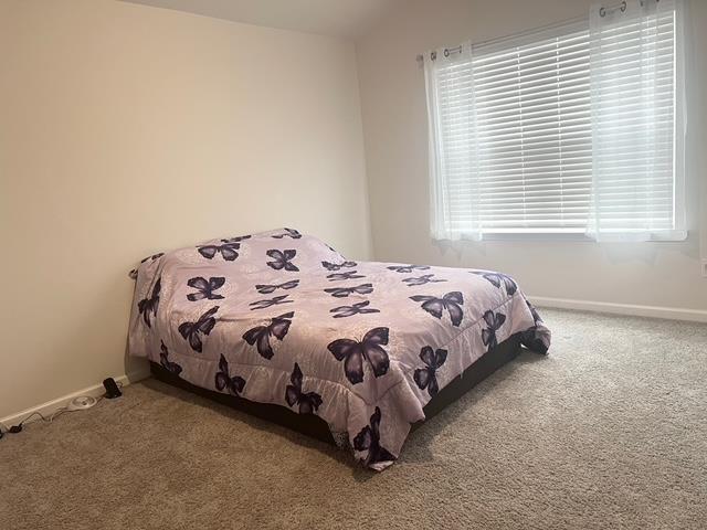 bedroom featuring lofted ceiling, carpet, and baseboards