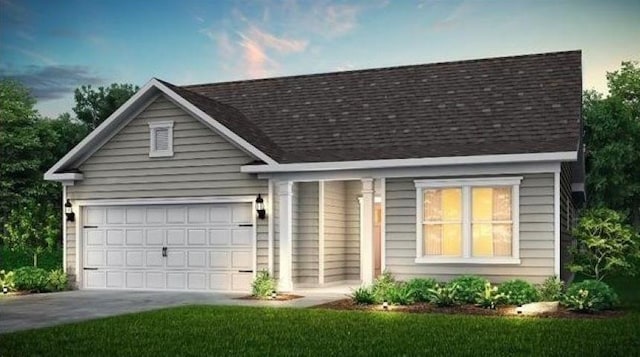 view of front of property featuring a garage, driveway, and a shingled roof