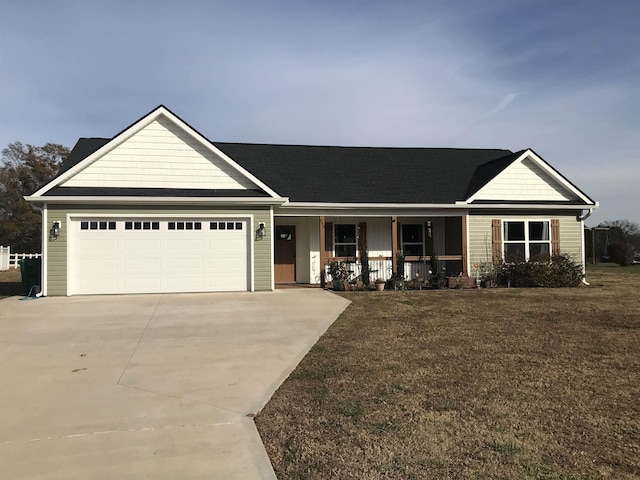 single story home featuring covered porch, concrete driveway, an attached garage, and a front yard