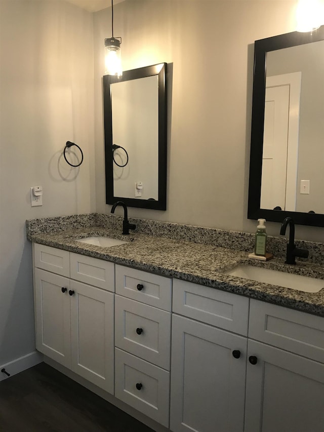 full bathroom with double vanity, wood finished floors, and a sink