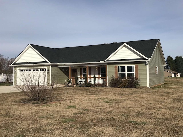 single story home with a garage, driveway, a front lawn, and a porch