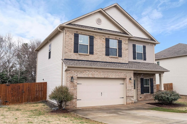 view of front of house featuring an attached garage, brick siding, fence, driveway, and roof with shingles