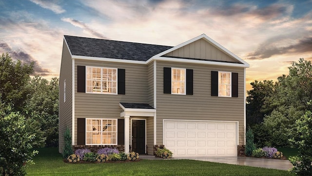 traditional home with board and batten siding, concrete driveway, a front lawn, and a garage