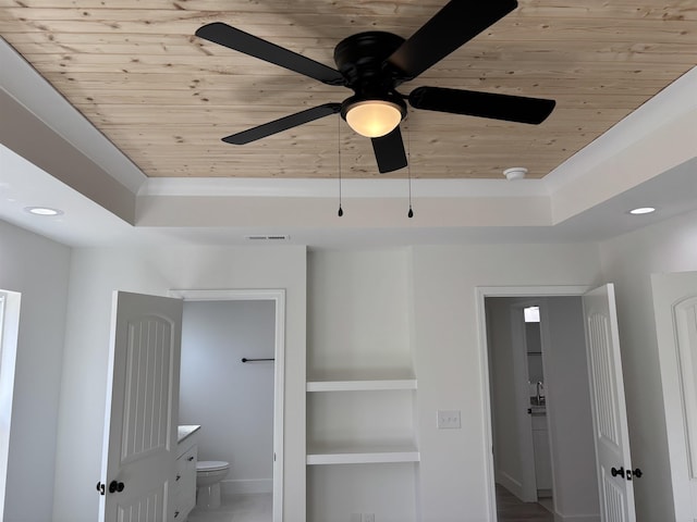 unfurnished bedroom with visible vents, wood ceiling, ceiling fan, a tray ceiling, and recessed lighting