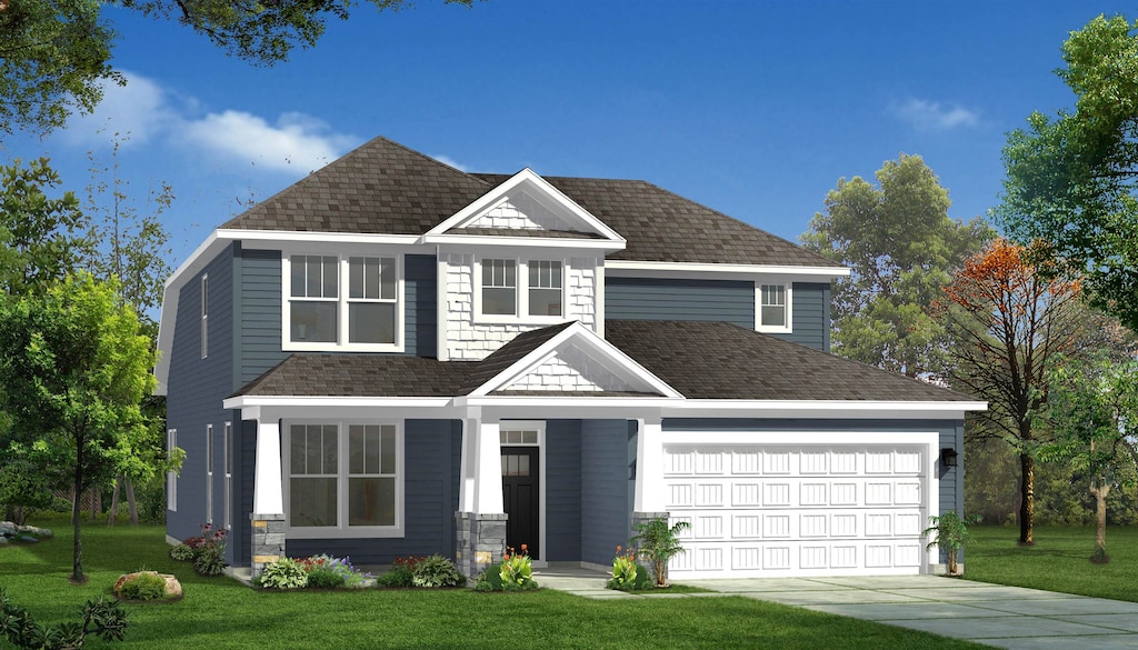 view of front of house with a garage, a front yard, concrete driveway, and a shingled roof