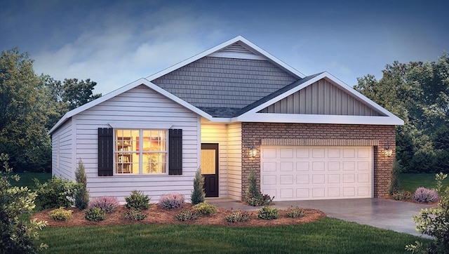 view of front facade with concrete driveway, a front lawn, board and batten siding, and an attached garage