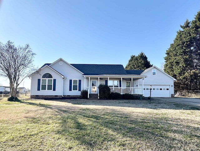 ranch-style house with driveway, a garage, crawl space, covered porch, and a front lawn