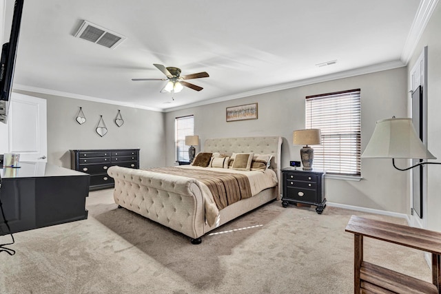 bedroom featuring ornamental molding, visible vents, and light colored carpet