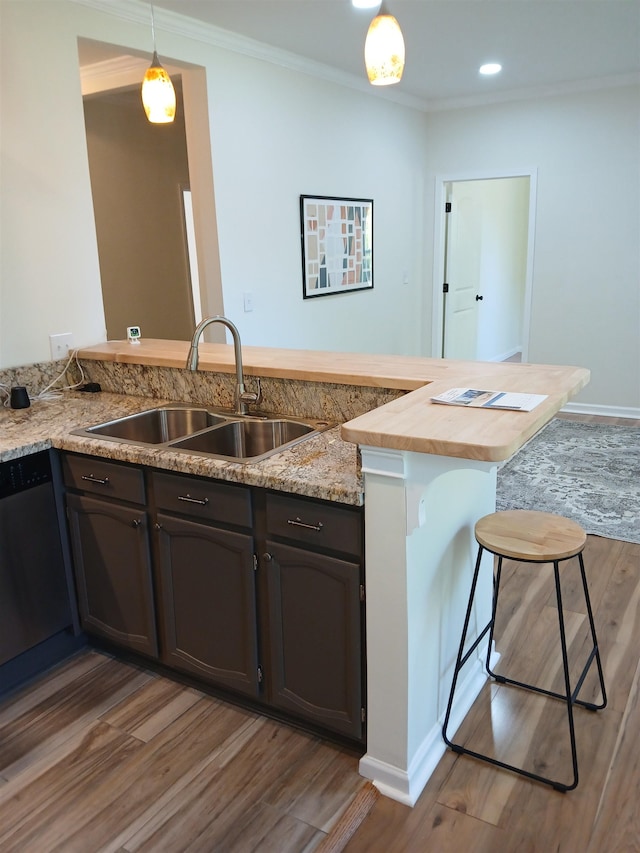 kitchen with stainless steel dishwasher, a kitchen breakfast bar, a sink, wood finished floors, and hanging light fixtures