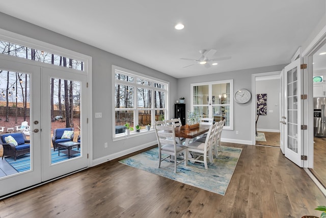 dining room featuring baseboards, ceiling fan, wood finished floors, french doors, and recessed lighting