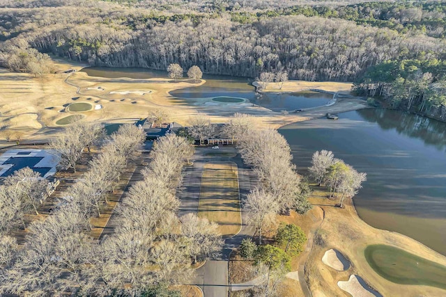 bird's eye view featuring a water view and view of golf course