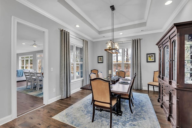 dining room with ornamental molding, dark wood-style flooring, and a raised ceiling