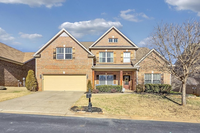 traditional home with driveway, brick siding, an attached garage, and a front yard