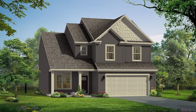 craftsman-style home featuring a garage, concrete driveway, roof with shingles, and a front lawn