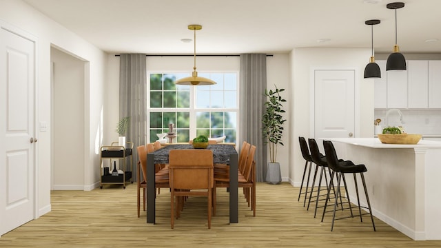 dining space featuring light wood finished floors and baseboards