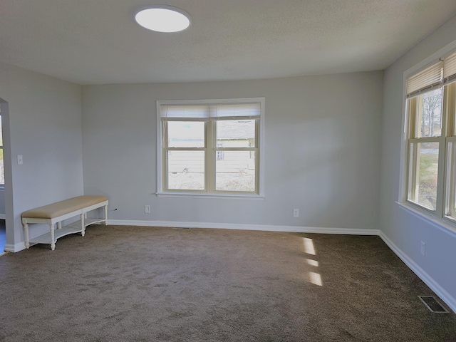 unfurnished room featuring carpet floors, baseboards, visible vents, and a textured ceiling