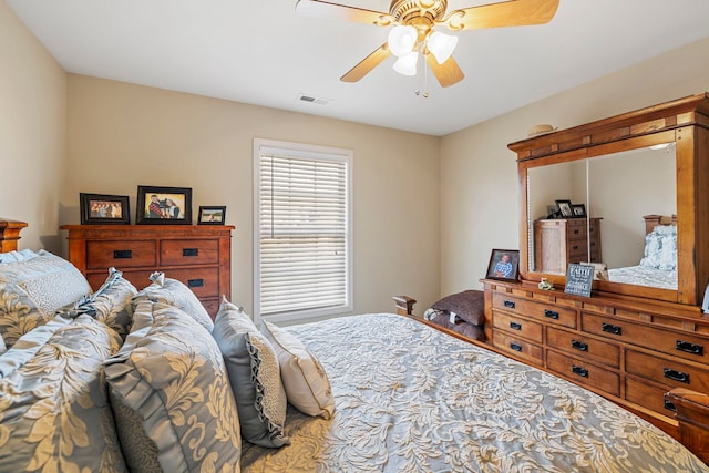 bedroom with ceiling fan and visible vents