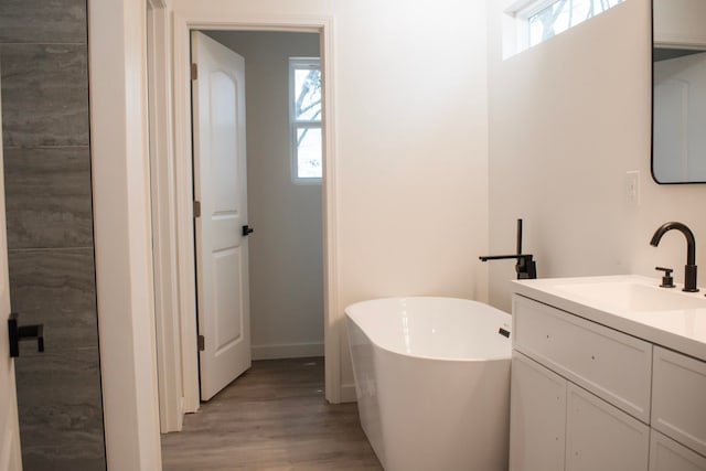 full bathroom with a freestanding tub, wood finished floors, and vanity