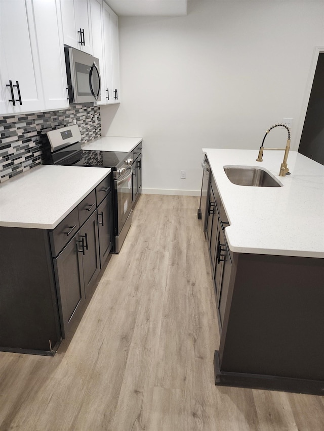 kitchen featuring tasteful backsplash, appliances with stainless steel finishes, white cabinetry, a sink, and light wood-type flooring