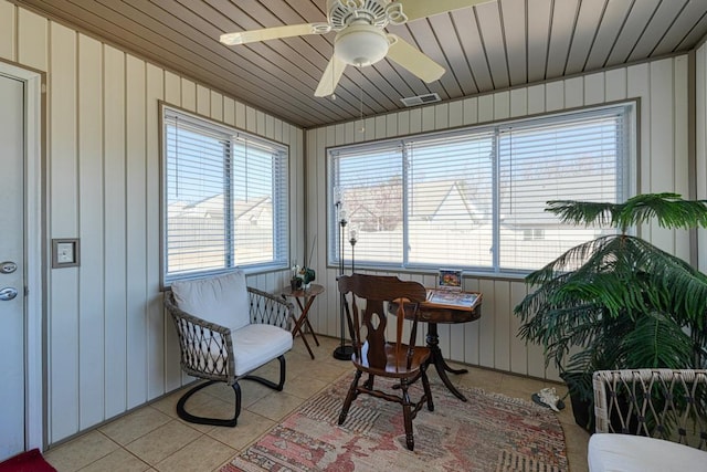 sunroom featuring wooden ceiling, visible vents, and ceiling fan