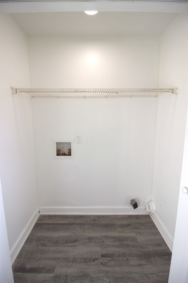 clothes washing area with laundry area, hookup for a washing machine, baseboards, and dark wood-style flooring