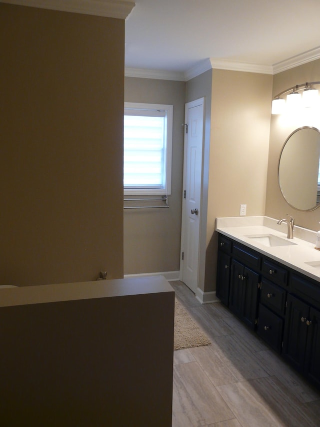 bathroom with double vanity, ornamental molding, a sink, and baseboards