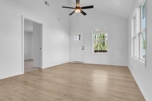 interior space featuring ceiling fan, high vaulted ceiling, light wood-style flooring, and visible vents