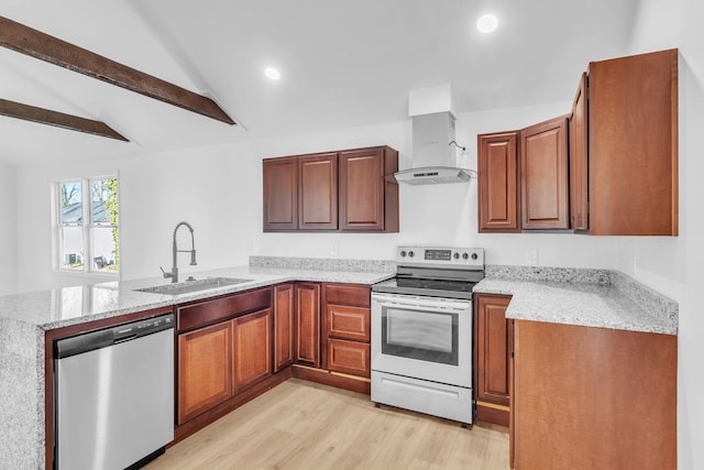 kitchen with vaulted ceiling with beams, stainless steel appliances, a sink, a peninsula, and wall chimney exhaust hood