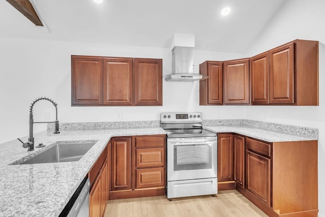 kitchen featuring light stone counters, extractor fan, a sink, and stainless steel electric stove