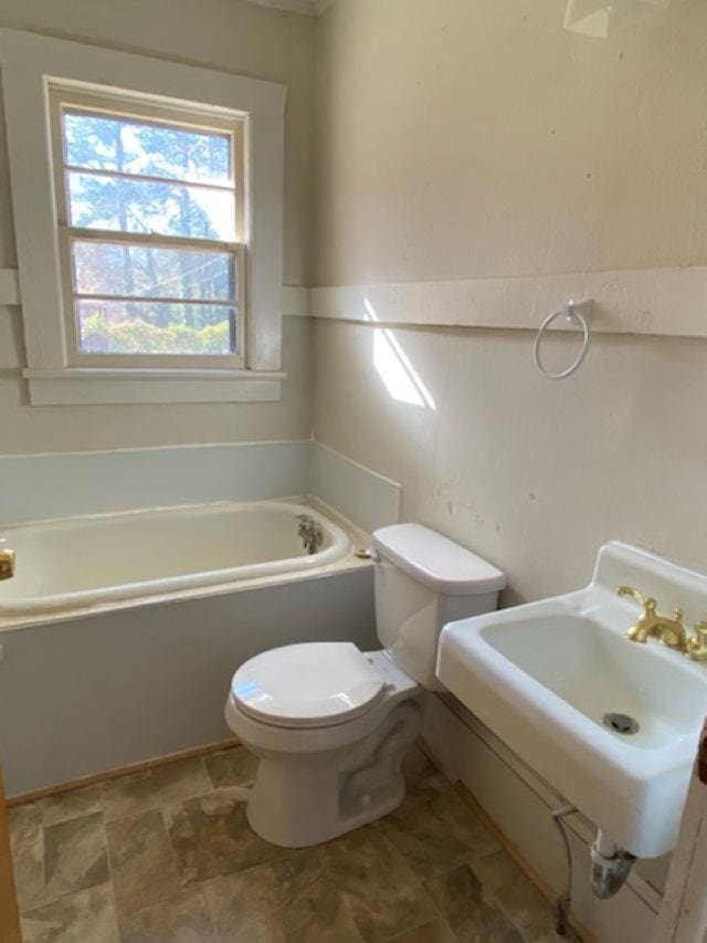 bathroom featuring a sink, toilet, and a bath