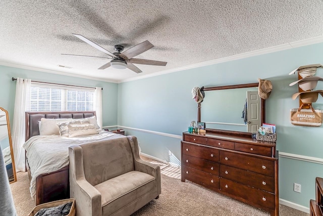 bedroom with light colored carpet, crown molding, visible vents, and a textured ceiling