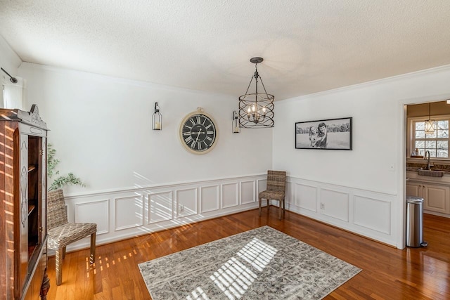 sitting room with a textured ceiling, a notable chandelier, ornamental molding, wainscoting, and dark wood finished floors