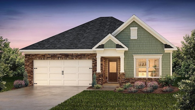 craftsman house featuring a garage, stone siding, driveway, and a shingled roof