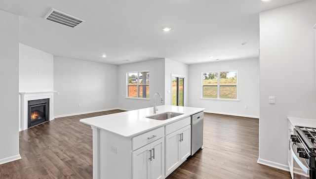 kitchen with a sink, open floor plan, appliances with stainless steel finishes, healthy amount of natural light, and recessed lighting