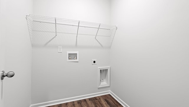 laundry area featuring hookup for an electric dryer, dark wood-style flooring, baseboards, and hookup for a washing machine
