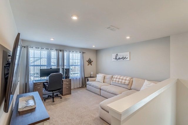 office with light carpet, visible vents, and recessed lighting