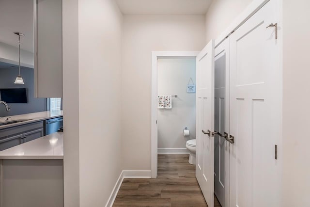 interior space with baseboards, a sink, toilet, and wood finished floors