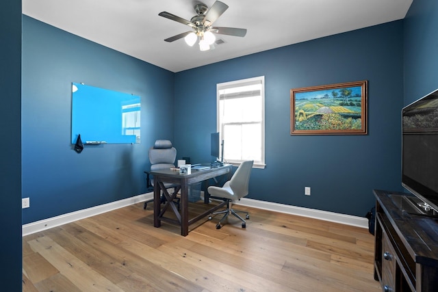 office area featuring ceiling fan, wood finished floors, visible vents, and baseboards