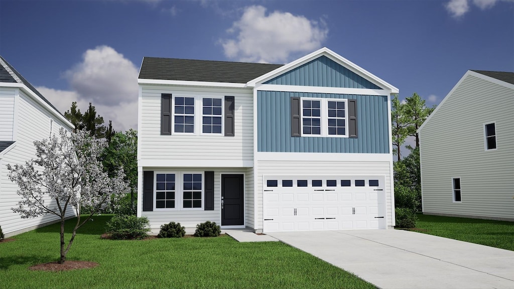 view of front of home featuring an attached garage, driveway, board and batten siding, and a front yard