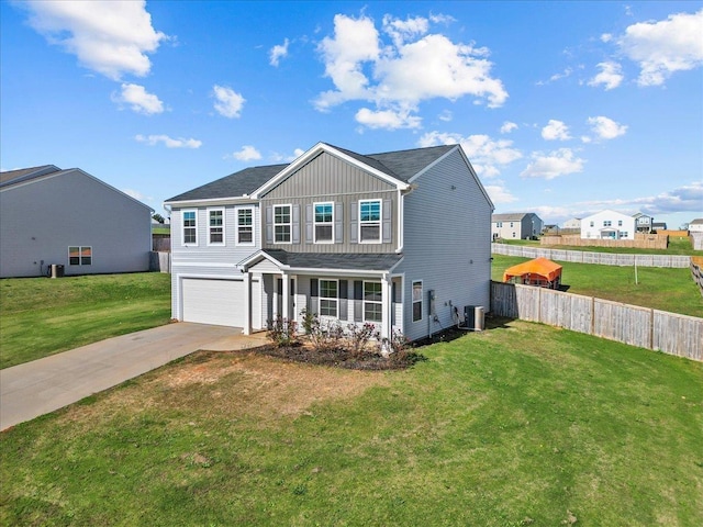 view of front of house featuring central AC unit, an attached garage, concrete driveway, board and batten siding, and a front yard