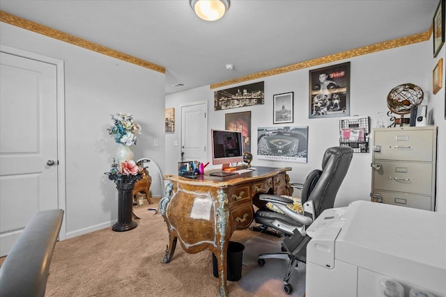 office space with carpet floors, visible vents, and baseboards