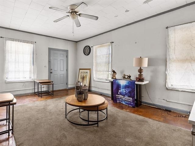 119 Poplar St, Clinton, SC 29325 - living area featuring crown molding, baseboards, ceiling fan, and a wealth of natural light
