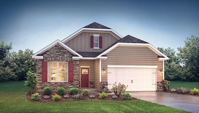 craftsman-style house with driveway, stone siding, an attached garage, board and batten siding, and a front yard