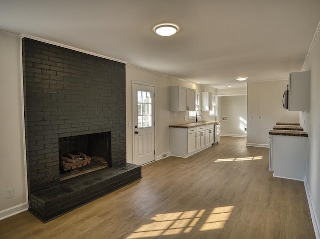 living area featuring crown molding, a fireplace, dark wood finished floors, and baseboards