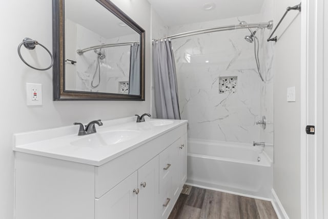 340 W Peachtree, Woodruff, SC 29388 - full bathroom featuring double vanity, shower / bathtub combination with curtain, a sink, and wood finished floors