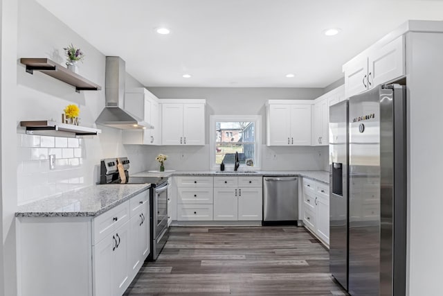 340 W Peachtree, Woodruff, SC 29388 - kitchen with a sink, white cabinetry, appliances with stainless steel finishes, wall chimney exhaust hood, and open shelves