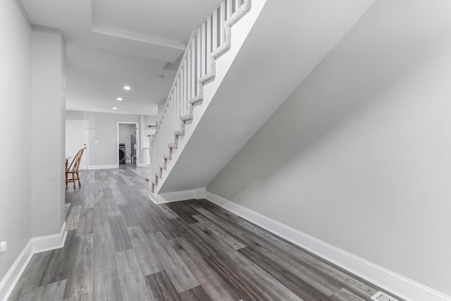 340 W Peachtree, Woodruff, SC 29388 - interior space featuring dark wood-style floors, recessed lighting, stairway, and baseboards
