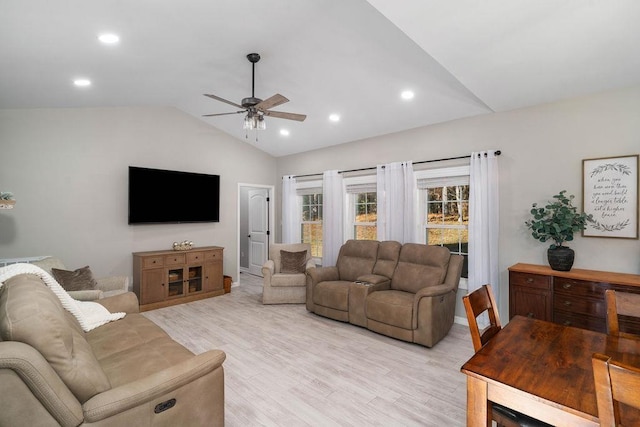 living area with recessed lighting, vaulted ceiling, light wood-style flooring, and ceiling fan